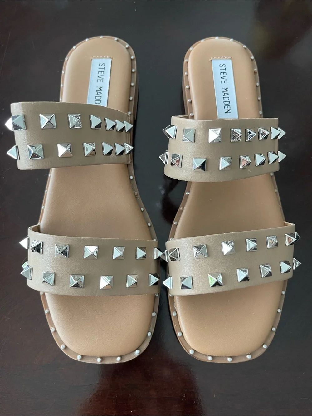 Steve Madden Tan Studded Double-Strap Slide Sandals